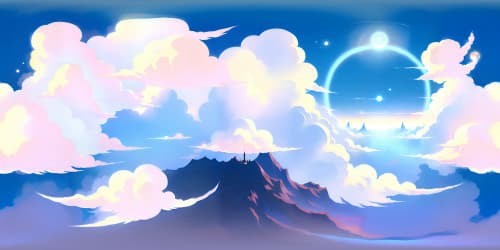 Anime-style VR360, soaring skyscape, pink-tinged fluffy clouds, catgirl silhouette on horizon. High-def city skyline, distant lit towers, ethereal moon. Ultra-realistic, intricate, soft fantasy hues. VR360, minute detail, masterpiece in pixels.