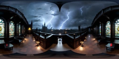 Masterpiece quality, ultra high-resolution VR360, grand royal library, shelves of books as far as eye can see, ornate chandeliers, massive stained-glass windows, stormy sky visible, lightning strikes, rainfall cascading on glass, gothic architectural style