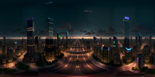 High-resolution VR360 cityscape, architectonic masterpiece, gleaming skyscrapers, intricate patterns, light reflections on glass facades. Style: photorealistic, ultra-high-definition, fine-detailing, contrast-rich color palette, VR360 night glow.