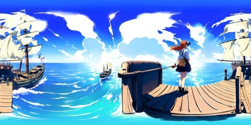 One piece character Nami in LONG ORANGE hair. dark brown eyes.  standing on a big ship. SMIING. whole body view. BACKGROUND IS THE OCEAN