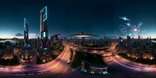 Futuristic cityscape, towering ultra-modern structures, illuminated highways intertwining. Brilliant holographic billboards, vibrant kinetic energy, constellation-like city lights beneath. VR360 drone-like perspective, ultra high-res. Style: digital realism, masterpiece-level detailing. VR360 cityscape, twinkling in simulated dusk.