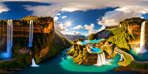 An awe-inspiring, meticulously crafted fantasy realm, with cascading waterfalls, opulent gem-encrusted architecture, grand statues gleaming under a vibrant sun, luminous magical orbs hovering in the air, reflecting on flawless, crystal-clear pools.