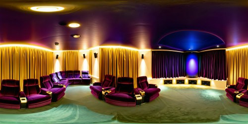 A flawlessly designed home cinema with plush velvet seating, state-of-the-art 8K projection system, panoramic sound, luxurious deep purple curtains, and exquisite gold accents, radiating an atmosphere of grandeur and opulence in ultra-high resolution.