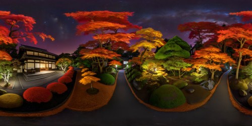 Expansively panoramic Edo period Japenese garden at night, in Autumn. Cozy warm toned glowy lighting. Moon and stars in the dark sky. Emaculately detailed landscaping. Deep warm toned color palette, with deep reds, magentas, browns, deep orange-yellow tones. Warm feverish Ghibli-esque aesthetic.