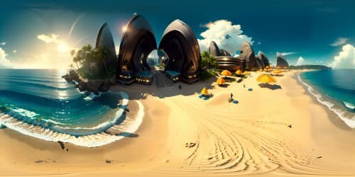 Ultra high-res VR360 beach scene, five muscular silhouettes against setting sun, golden sand, azure waves. Style: anime, bold lines, vibrant colors, defined shadows. Key detail: intricate tattoos, rugged denim, statement accessories. VR360 panorama: endless ocean, fiery skyline.