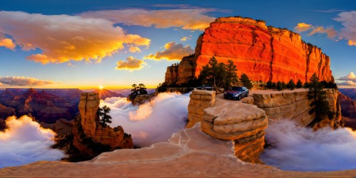 The Grand Canyon, captured in flawless detail at the peak of golden hour, with the sun's hues painting the massive cliffs in a breathtaking spectacle of vivid orange, red, and purple, sheer rock faces carved by time.