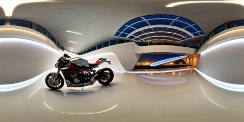 ideal prompt: futuristic motorcycle showroom, flawlessly designed bikes illuminated under pristine lighting, sleek lines and curves captured in ultra-high definition, radiating a sense of dynamic motion, creating a visual masterpiece of impeccable quality and stunning detail.