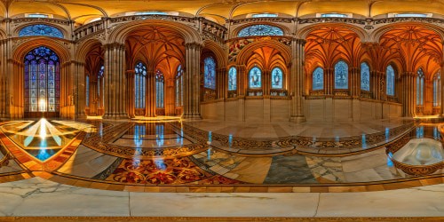 An ancient, ornate cathedral bathed in the golden light of a setting sun, stained glass windows reflecting vivid colors, intricate stone carvings, gleaming marble floors, and towering archways, a flawless, highly detailed artistic marvel captured in ultra-high resolution.