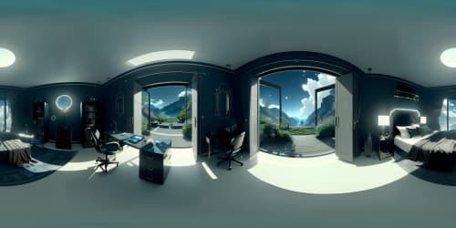 VR360 elegance, ultra-high-res chic bedroom design. Luxe, minimalist aesthetics, cloud-like bed, sleek workstation, pavé-set with tech. VR360 dreamy sky mural ceiling, star-speckled, ethereal. Crafted in masterful, immersive realism, visually captivating.