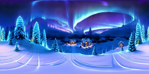 Winter wonderland, crystalline snowflakes suspended mid-air, glass-like ice encrusting tall pines, shimmering under moonlight's touch. VR360 view, Northern Lights sprawl across a star-studded, indigo night sky. Masterpiece quality, ultra high-res VR360 scene. Detailed fantasy art style, ethereal glow, intricate frost patterns on frozen surfaces.