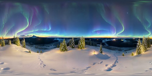 VR360 masterpiece ultra high-res. ultrarealistic nighttime snow dusted mountain overlook.  forest valley panorama. dark starry night sky with northern lights. remote wilderness. moon behind the mountain range in the distance.