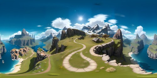 Mountain, detailed rock textures, flanking grass, awe-inspiring VR360 perspective. Majestic snow-capped peak, clear blue sky backdrop, wispy cloud details. Realistic style, ultra high-resolution, lighting and shadow effects enhancing VR360 grandeur. Masterpiece precision, highest quality rendering.