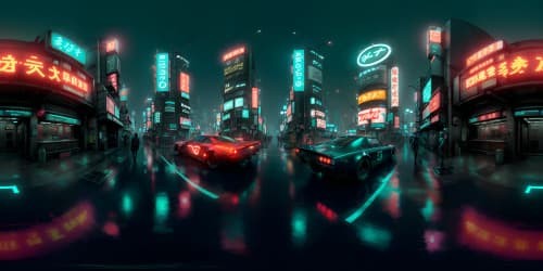 Blade Runner-inspired Tokyo, night setting. Glowing blue neon-sign saturated VR360 view, decayed futuristic apartments, stores.