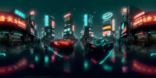 Blade Runner-inspired Tokyo, night setting. Glowing blue neon-sign saturated VR360 view, decayed futuristic apartments, stores.