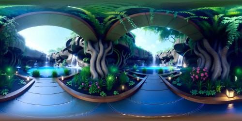 VR360 view from inside a Solarpunk shelter, ethereal forest vista in high res, rain-soaked flora, cascading waterfall in the backdrop. Ultra-realistic droplets, enhanced depth perception. VR360 Solarpunk style, fine-art masterpiece, calm, dark hues contrasting vibrant greens.