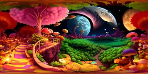 Ultra high res VR360, space island masterpiece. Lush mushroom biomes, cosmic pink hues. Ethereal night view, sprinkled stardust. Incorporate stylistic fusion, impressionist meets digital art.marijuana