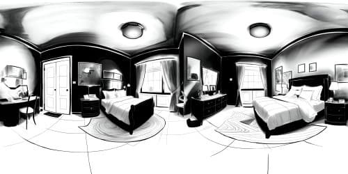 VR360 Yaoi bedroom, high-detailed textures, smartly-placed lighting, cozy atmosphere, soft shadows on intricate wallpaper. Vibrant color scheme, impeccable animation quality, showcase of craftsmanship in VR360 perspective.