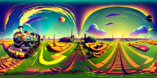 VR360 panorama, anime style, vibrant contrasts, glossy finishes. Vintage locomotive, steam wisps, polished brass accents. Iron rail tracks towards horizon, stone arch bridges, draped in ivy. Rolling countryside backdrop, tranquil. Evening sky, suspended orange sun, clouds streaked in watercolor style.