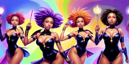 four african american women wearing leotards. they are sorceresses: one has dreadlocks. she is carrying a glowing mace