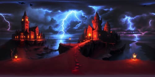 TV drama Stranger Things styled Gothic CREEPY Castles SURROUNDED BY skinny vocalnic stones. dark red background. Lightnings in the sky