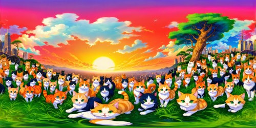 An unparalleled utopia filled with an assortment of cats from all breeds imaginable, showcasing fluffy tails, gleaming eyes, and animated whiskers, amidst a vivid, luxuriant setting under a pastel-colored sky, an ultra high-resolution, flawless masterpiece on display.