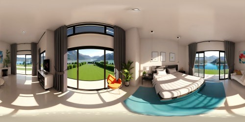 Ultra high-res masterpiece, VR360 photorealistic luxe house, vibrant 70s interior. Expansive flower garden, hillock setting, impressive lake view. High-tech VR360 experience, distant snow-capped mountains, exquisite quality. Perfect balance of modern luxury, nostalgic charm in vivid colors.