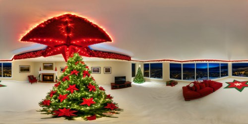 Immaculate Christmas living room with ultra-realistic details, showcasing a flawless blend of vibrant red garland entwined with twinkling Christmas lights, creating an impressive X-shaped pattern on the ceiling, culminating in a stunning star tree topper suspended from the center.