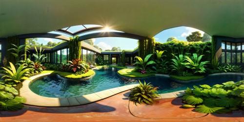 A flawlessly designed futuristic living space within a modern mansion, featuring lush green plants and expansive windows framing a serene water garden under the vibrant sunshine. Perfectly detailed, ultra high-resolution.