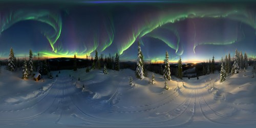 VR360 masterpiece ultra high-res, ultrarealistic snow dusted  forest valley panorama, mountain overlook, starry sky with northern lights dusk, remote wilderness. VR360 soft light illumination, fine detailing