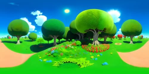 Ultra high res, masterpiece VR360, vibrant, digital painting, lone apple tree in rolling meadows, majesty of branches reaching towards azure sky, ruby apples gleaming in sunlight, lush grass carpet, dappled shadows beneath tree.