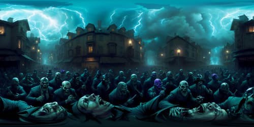 many zombies as in the Walking Deads in skulls and bones crowded on the street and screaming.faced are dark gray or purple, like the dead ones. storming at you. facing the front.