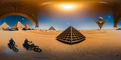 An otherworldly landscape of meticulously detailed iron pyramids, adorned with futuristic Egyptian spaceships and bikes, patrolled by soldiers under multiple moons and distant planets, embraced by the whispering caress of the desert wind in flawless ultra high resolution.