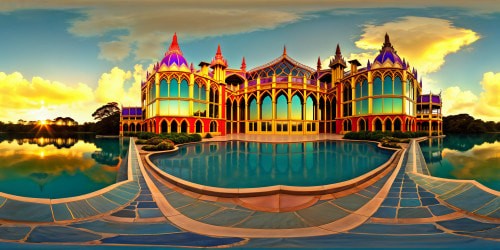 A flawless, ultra-high-resolution depiction of a grand crystal palace, magnificently designed with intricate glass spires, set against a backdrop of a radiant sunset casting vibrant hues over a glistening azure lake, enveloped by lush, colorful gardens—a masterpiece embodying perfection in every detail.