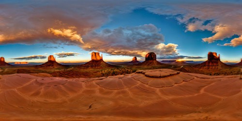 In Monument Valley at sunset, a pristine masterpiece captured in ultra high-resolution, showcasing the impeccable detailing of the rugged red rock formations, casting long shadows under the warm, golden glow.