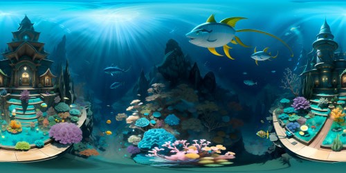 VR360 undersea masterpiece, exceptionally detailed aquatic life, boat hull slicing crystal waters, gliding shadow beneath. Pixar-style vibrancy, fish schools dispersed, sunlight piercing turquoise depths. VR360 fluidity, ultra-high-resolution fantasy, serene underwater journey.