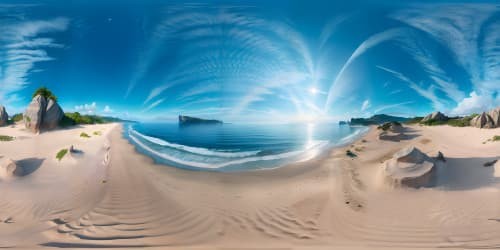 Masterpiece VR360, ultra-high res, beach day panorama, infinite azure waves. Realistic style, intricate textures, epitome of light balance. VR360 sunset vista, color gradients mirroring in undulating sea.