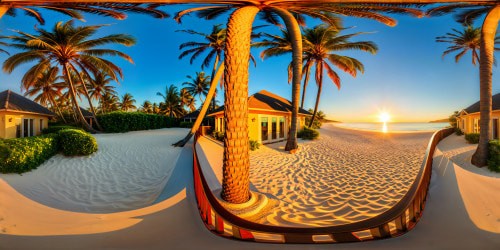 An immaculate, luxurious beach house overlooking a pristine sandy beach, adorned with swaying palm trees casting long shadows in the flawless, golden light of a breathtaking sunset.