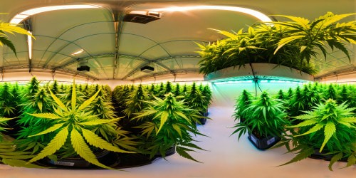 A pristine, flawlessly detailed marijuana plant in a sun-drenched, state-of-the-art hydroponic grow room, resplendent green leaves shimmering under intense, spectrum-adjusted LED lights, creating a perfect, top-tier botanical image.