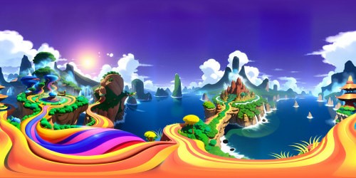 Masterpiece quality, ultra high-res, VR360 view of Avatar: The Last Airbender-inspired world. Sprawling, lush landscapes, colossal mountains draped in mist, floating islands, grand temples, waterfall cascades, flickering spirit lights. Avatar-style, VR360 scene, vivid color palette, cartoon realism mix.