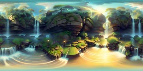 Ultra high-resolution, nature-inspired VR360 masterpiece. Verdant canopy, petals' kaleidoscope, endless horizons, twilight hues. Crystal-clear dewdrops, ethereal fog, enigmatic shadows. Majestic waterfalls, tranquil ponds. Style: exquisite detail, intricate texture, vibrant palette, captivating contrast.