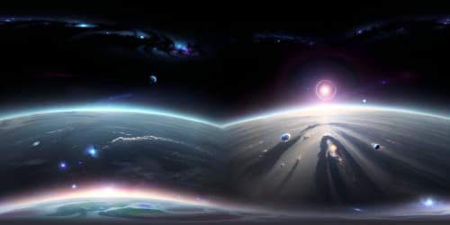 Masterpiece quality, ultra high-resolution VR360, obsidian cosmic void, twinkling star clusters, nebula tapestry, merger of night's depth, universe wonder. Artistic style, silhouettes of celestial bodies, ethereal cosmic dust, glinting distant galaxies.