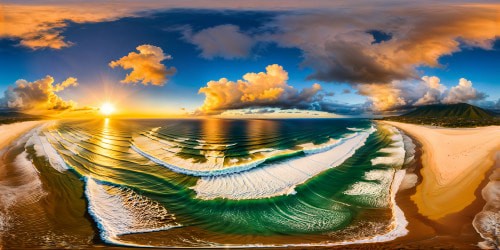 A pristine, flawless digital artwork capturing a panoramic 12K view of a glistening ivory beach, where colossal ocean waves crash dramatically against the shore, under a radiant sunset casting golden hues over lifelike figures circling around a flickering bonfire, creating a mesmerizing and exquisite scene.