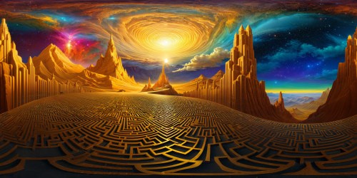 An awe-inspiring golden labyrinth set amidst a surreal landscape, shimmering under a radiant cosmic sky, epitomizing the pinnacle of digital artistry.