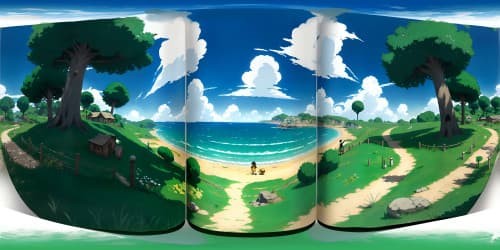 VR360: One Piece - Luffy inspiration, Straw hat symbol prominent, Ultra high-res manga style. Masterpiece quality, anime details spread across the expansive VR360 backdrop. Subtle nods to Straw Hat Pirates, intricate emblematic details, immersive.