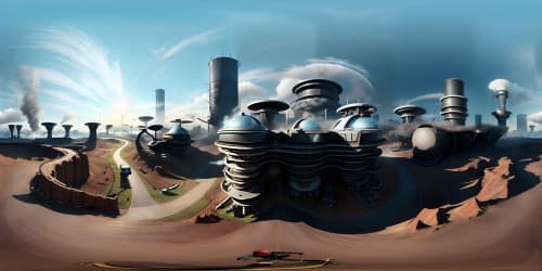 VR360, ultra HD, dystopian future, silhouette of colossal machinery, thick smog swirls, VR360, harsh industrial skyline, hues of grey and metallic blue, digital art style, high detail masterpiece