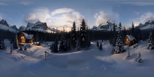 VR360 view: Majestic mountain peaks, snow-crowned, broadleaf trees scattered, idyllic lakes, winding river, quaint cabin scene. VR360 twilight spectacle: Dusk-infused hues against magic moon, Lynx and wolves abstract silhouettes. Ultra-high res, masterpiece-quality, digital painting style.