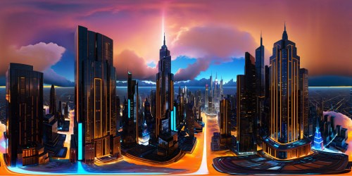 An ultra high-resolution masterpiece showcasing a futuristic city floating in the vastness of space, gleaming skyscrapers reaching for flawless digital skies, cascading neon lights reflecting off polished chrome, hyper-realistic textures and intricate details capturing the essence of perfection.