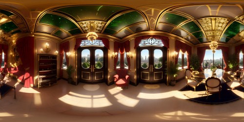 Parisian maison close, VR360 masterpiece, ultra-high-res. Opulent Art Nouveau detailing, velvet drapes richness, architectural grandeur. Vintage chandeliers, light refraction. Expansive stained-glass skylight, mesmerizing VR360 skyline. Vibrant cityscape beyond, exceptional opulence, intricate craftsmanship. Luxurious, immersive, VR360.