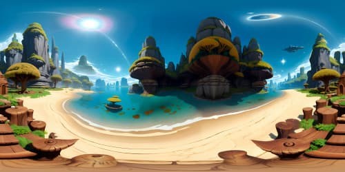 Masterpiece VR360, 3D rendered strands of timber floating, ultra high resolution, textured wood grains, open sky backdrop, Pixar-style realism