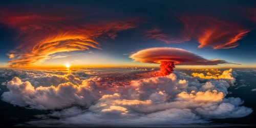 A flawless, stunning, ultra-high-resolution depiction of a brilliant scarlet sun setting over an expansive horizon, casting a fiery glow, creating a painterly masterpiece in crisp, detail-rich imagery.